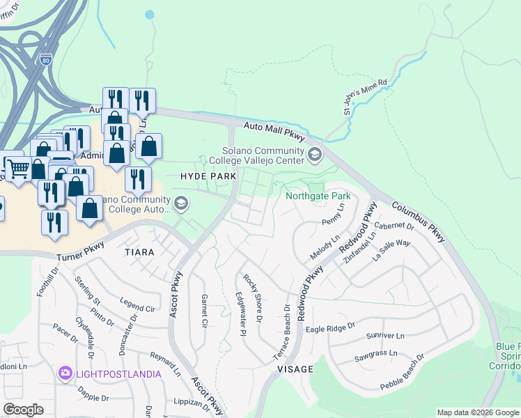 map of restaurants, bars, coffee shops, grocery stores, and more near 1233 Symphony Way in Vallejo