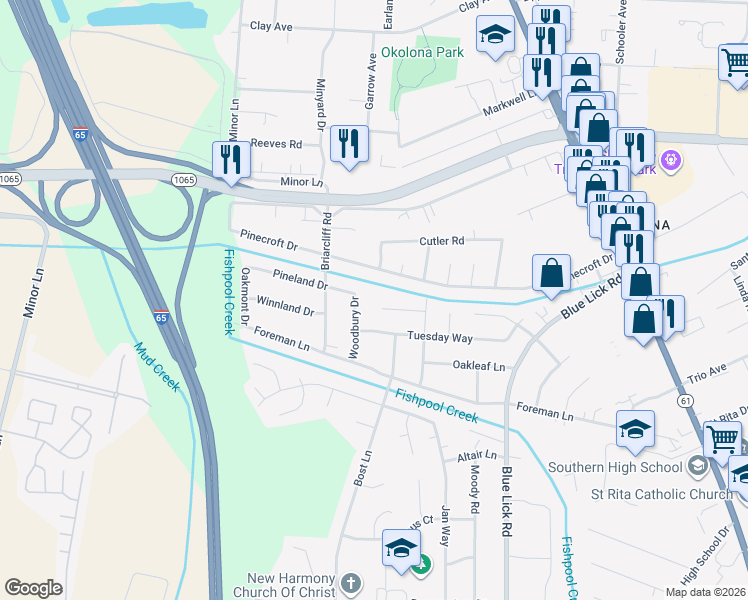 map of restaurants, bars, coffee shops, grocery stores, and more near 3705 Wednesday Way in Louisville