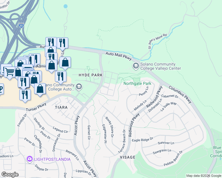 map of restaurants, bars, coffee shops, grocery stores, and more near 1246 Sonata Drive in Vallejo