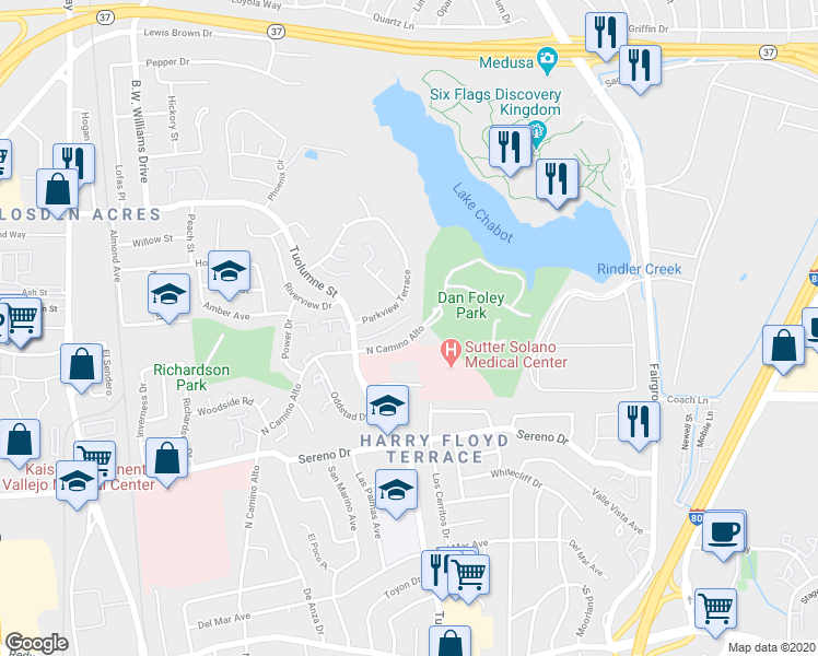 map of restaurants, bars, coffee shops, grocery stores, and more near 170 Parkview Terrace in Vallejo