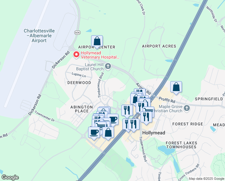 map of restaurants, bars, coffee shops, grocery stores, and more near 3590 Grand Forks Boulevard in Charlottesville