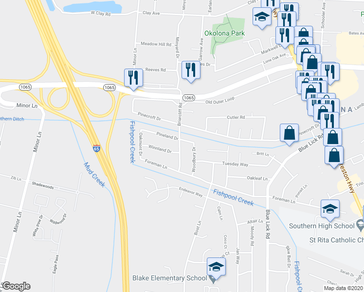 map of restaurants, bars, coffee shops, grocery stores, and more near 8003 Briarcliff Road in Louisville