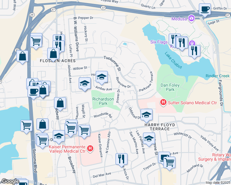 map of restaurants, bars, coffee shops, grocery stores, and more near 137 Power Drive in Vallejo