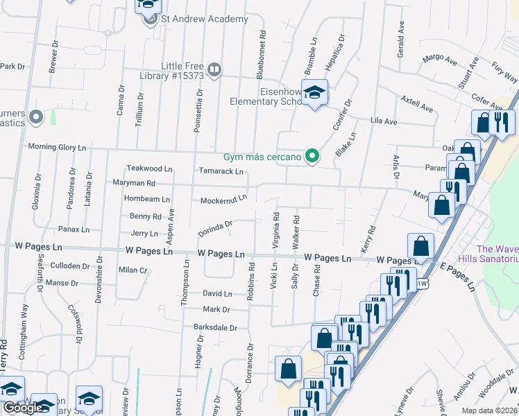 map of restaurants, bars, coffee shops, grocery stores, and more near 8281 Dorinda Drive in Louisville