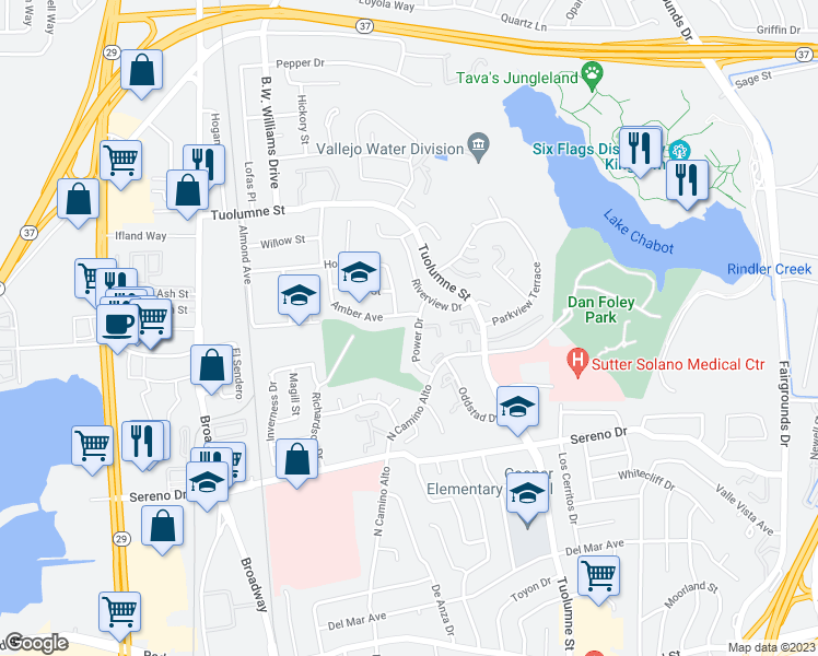 map of restaurants, bars, coffee shops, grocery stores, and more near 137 Power Drive in Vallejo