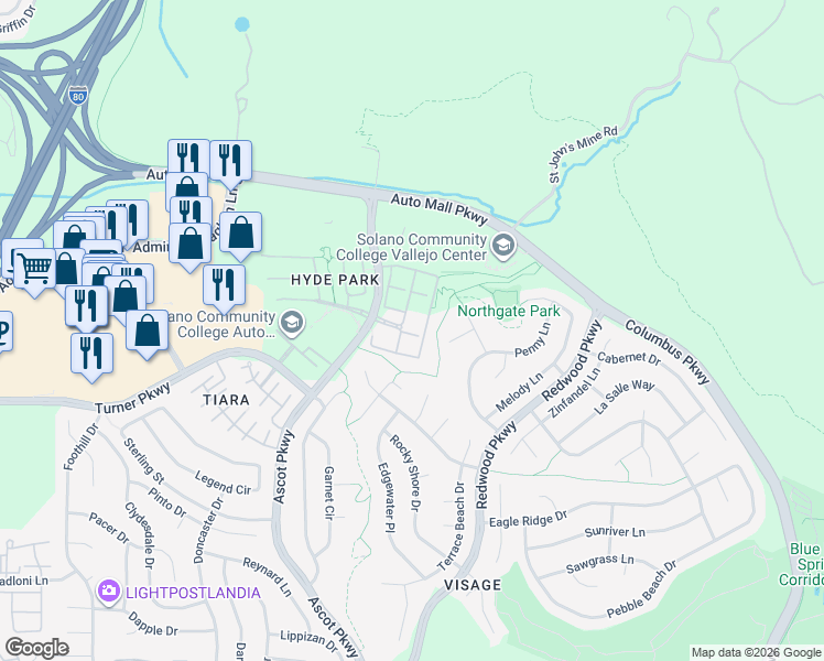 map of restaurants, bars, coffee shops, grocery stores, and more near 1246 Sonata Drive in Vallejo