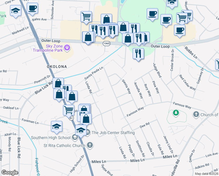 map of restaurants, bars, coffee shops, grocery stores, and more near 8303 Smithton Road in Louisville