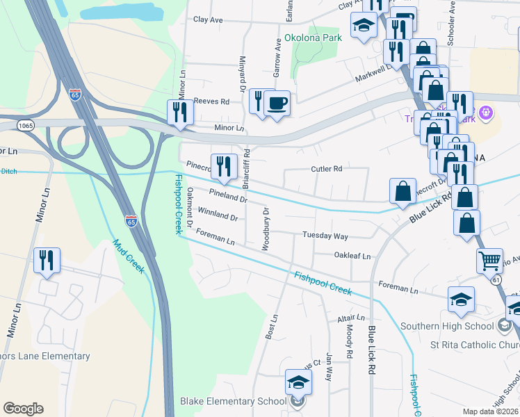 map of restaurants, bars, coffee shops, grocery stores, and more near 3604 Pineland Drive in Louisville