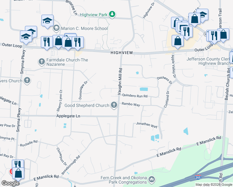 map of restaurants, bars, coffee shops, grocery stores, and more near 7904 Vaughn Mill Road in Louisville