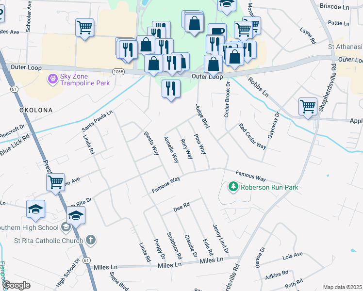 map of restaurants, bars, coffee shops, grocery stores, and more near 8008 Rory Way in Louisville