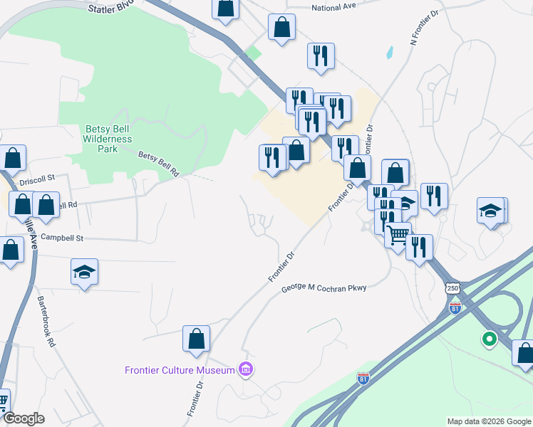 map of restaurants, bars, coffee shops, grocery stores, and more near 14 Frontier Ridge Court in Staunton