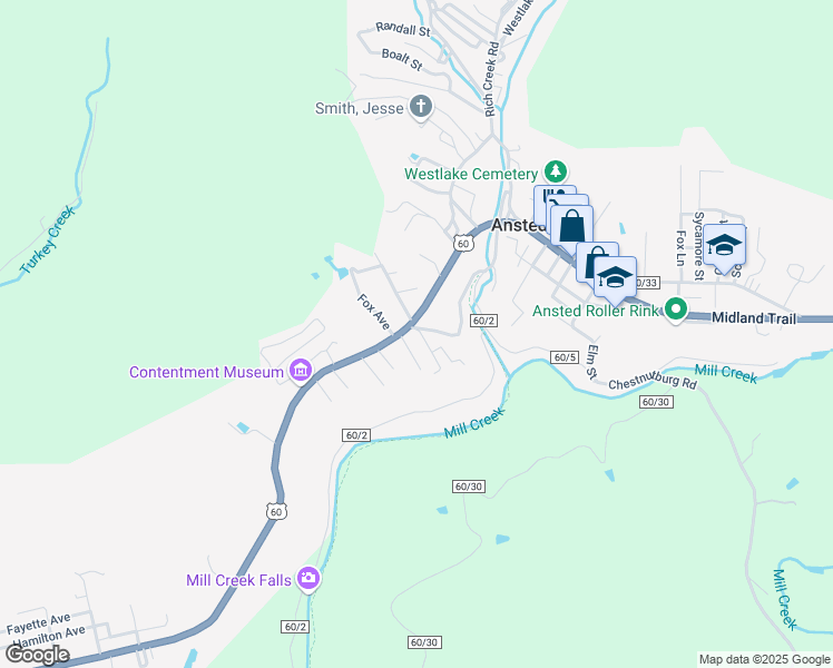 map of restaurants, bars, coffee shops, grocery stores, and more near 19556 Midland Trail in Ansted