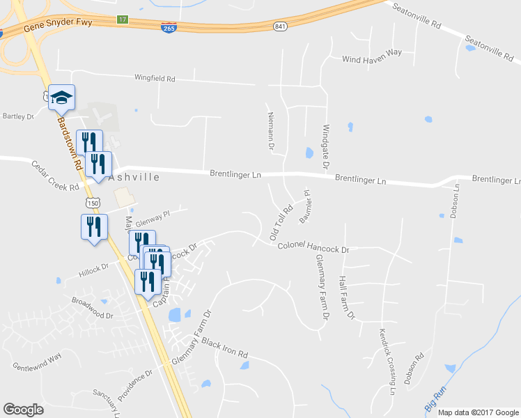 map of restaurants, bars, coffee shops, grocery stores, and more near 7709 Hermits Run Road in Louisville