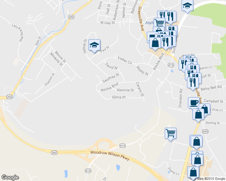 map of restaurants, bars, coffee shops, grocery stores, and more near 679 Alextine Drive in Staunton