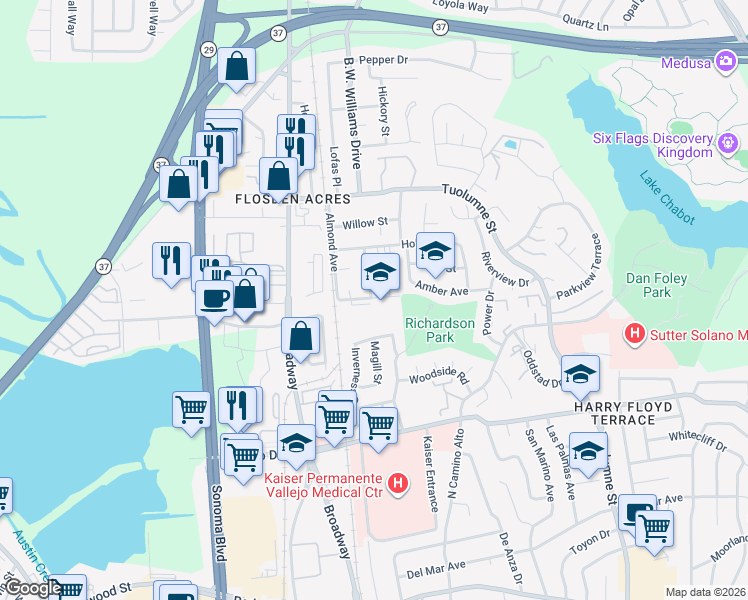 map of restaurants, bars, coffee shops, grocery stores, and more near 233 Hobbs Avenue in Vallejo