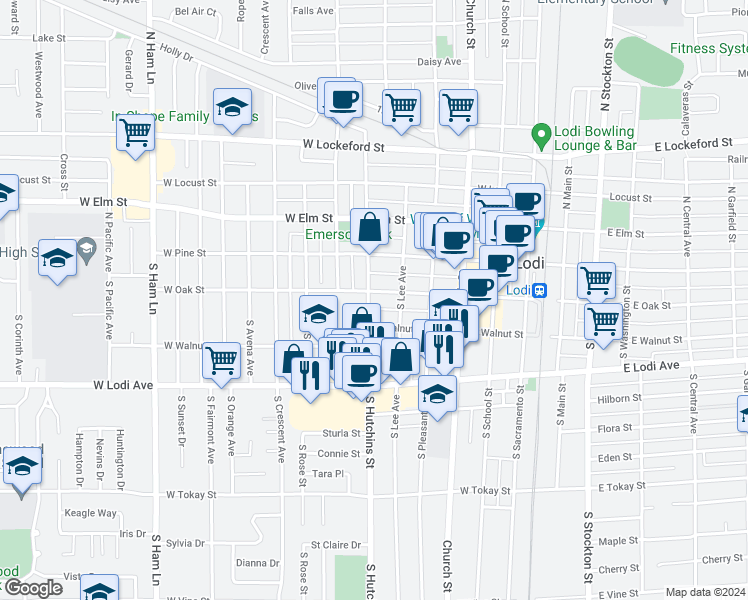 map of restaurants, bars, coffee shops, grocery stores, and more near 25 South Hutchins Street in Lodi
