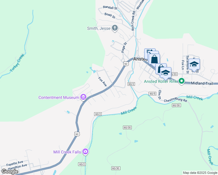 map of restaurants, bars, coffee shops, grocery stores, and more near 19556 Midland Trail in Ansted
