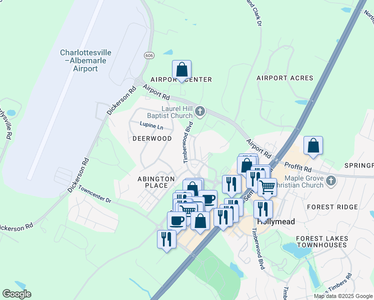 map of restaurants, bars, coffee shops, grocery stores, and more near 1378 Timberwood Boulevard in Charlottesville