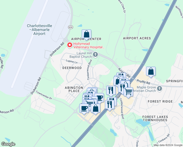 map of restaurants, bars, coffee shops, grocery stores, and more near 3541 Grand Forks Boulevard in Charlottesville