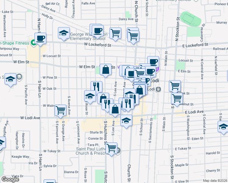 map of restaurants, bars, coffee shops, grocery stores, and more near 402 West Oak Street in Lodi
