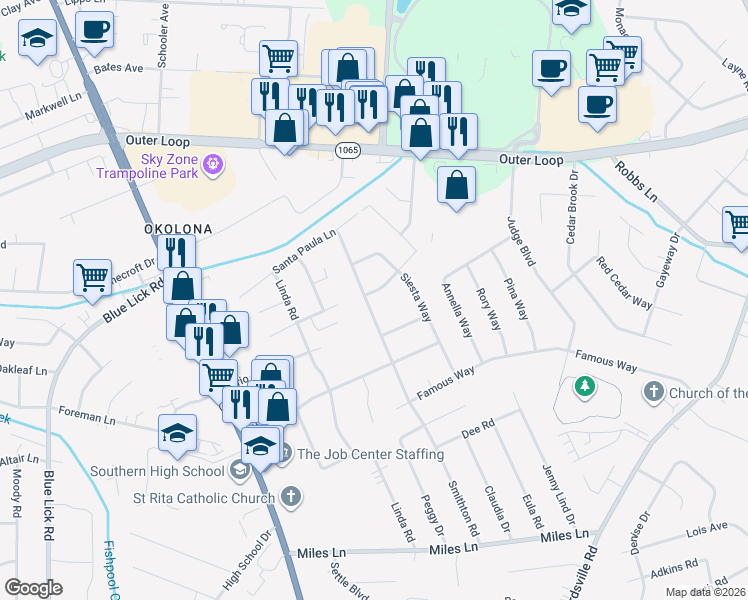 map of restaurants, bars, coffee shops, grocery stores, and more near 8303 Smithton Road in Louisville