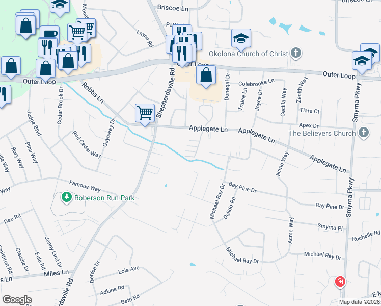 map of restaurants, bars, coffee shops, grocery stores, and more near 6304 Red Apple Road in Louisville
