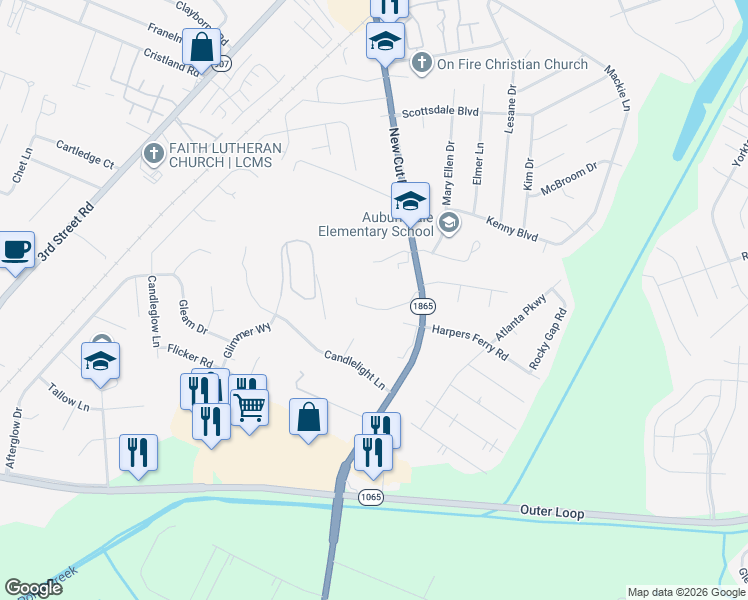 map of restaurants, bars, coffee shops, grocery stores, and more near 5806 New Cut Road in Louisville