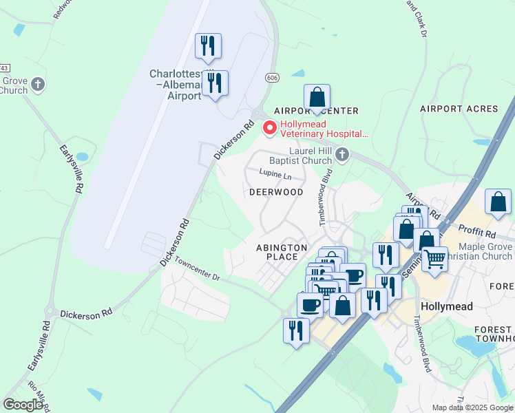 map of restaurants, bars, coffee shops, grocery stores, and more near 369 Bayberry Way in Charlottesville