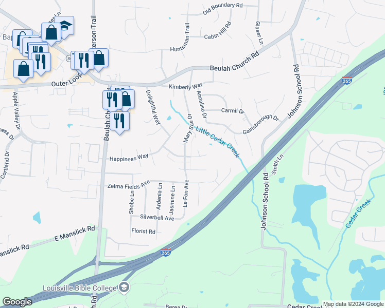 map of restaurants, bars, coffee shops, grocery stores, and more near 8303 Casualwood Way in Louisville