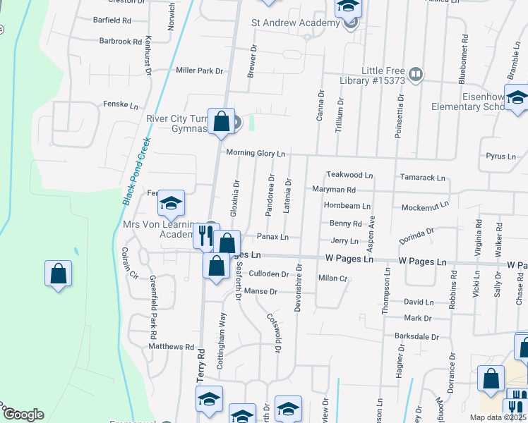 map of restaurants, bars, coffee shops, grocery stores, and more near 8302 Pandorea Drive in Louisville