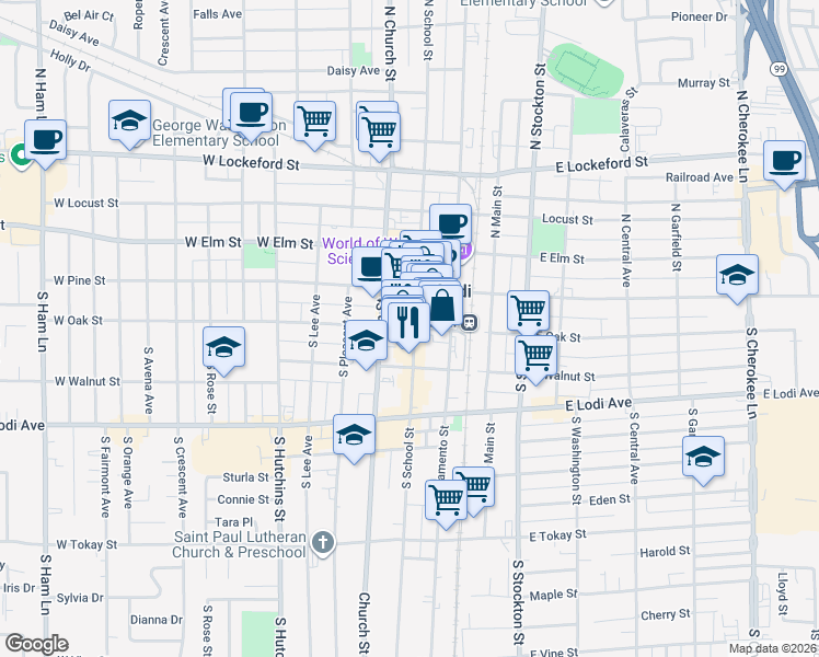 map of restaurants, bars, coffee shops, grocery stores, and more near 28 South School Street in Lodi