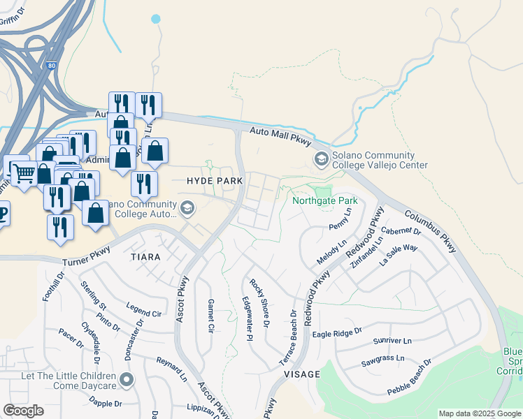 map of restaurants, bars, coffee shops, grocery stores, and more near 1246 Sonata Drive in Vallejo