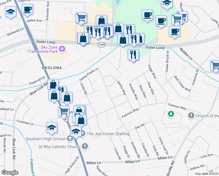 map of restaurants, bars, coffee shops, grocery stores, and more near 8303 Smithton Road in Louisville