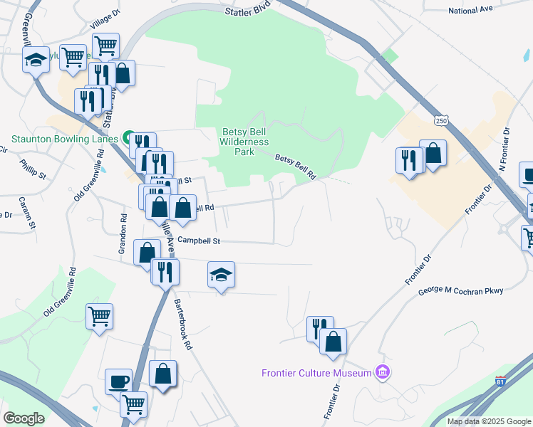 map of restaurants, bars, coffee shops, grocery stores, and more near 1006 Pocahontas Street in Staunton