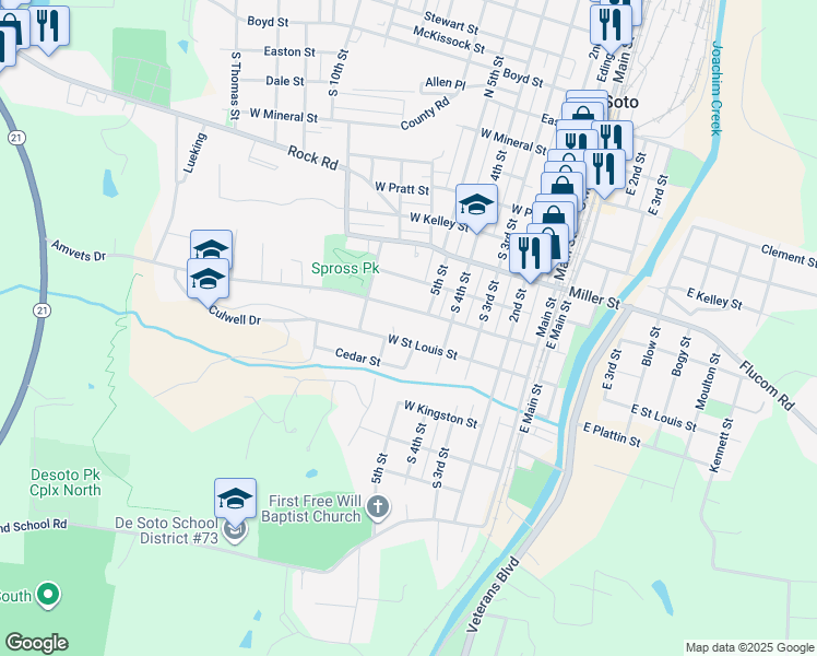 map of restaurants, bars, coffee shops, grocery stores, and more near 506 Saint Louis Street in De Soto