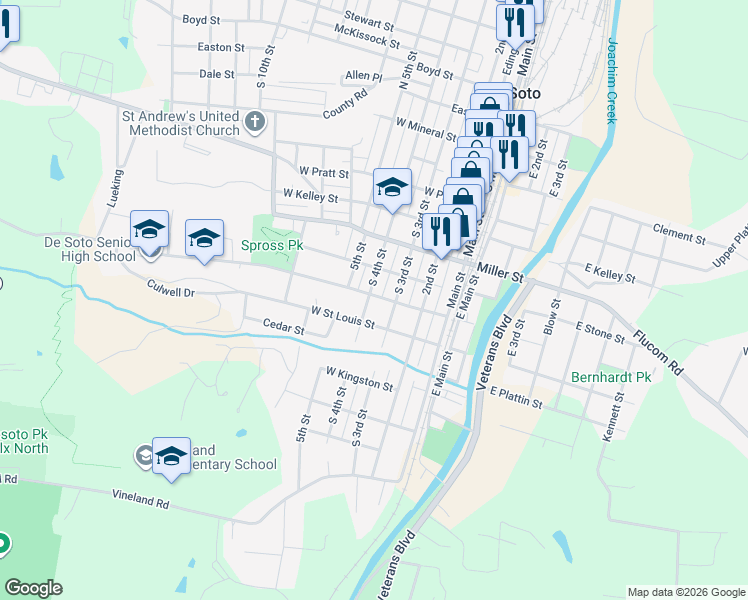 map of restaurants, bars, coffee shops, grocery stores, and more near 803 South 4th Street in De Soto
