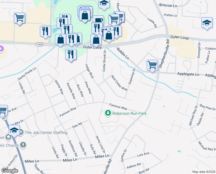 map of restaurants, bars, coffee shops, grocery stores, and more near 8006 Cedar Brook Drive in Louisville