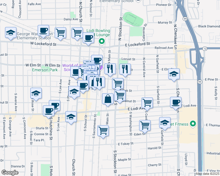 map of restaurants, bars, coffee shops, grocery stores, and more near 30 South Main Street in Lodi