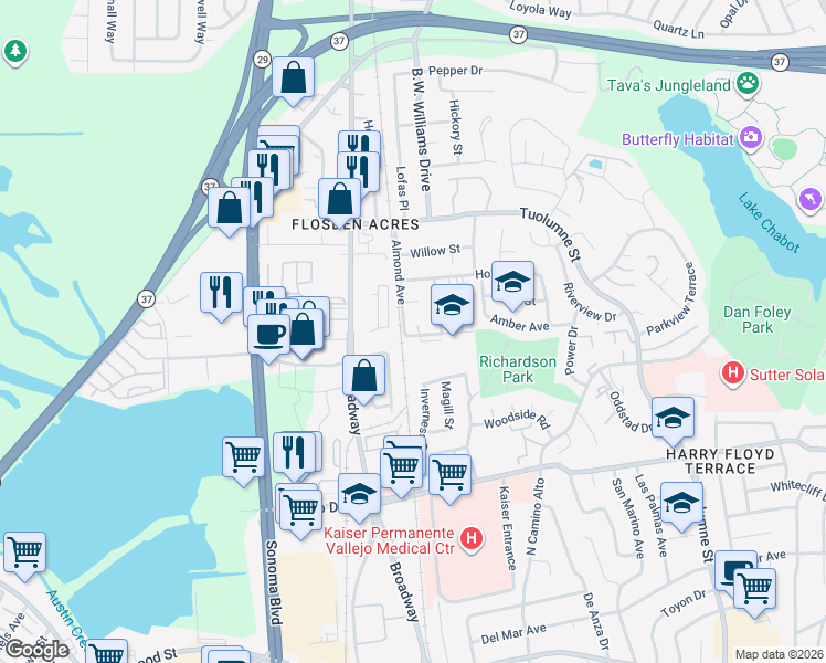 map of restaurants, bars, coffee shops, grocery stores, and more near 400 Almond Avenue in Vallejo