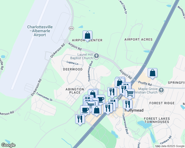 map of restaurants, bars, coffee shops, grocery stores, and more near 3545 Grand Forks Boulevard in Charlottesville