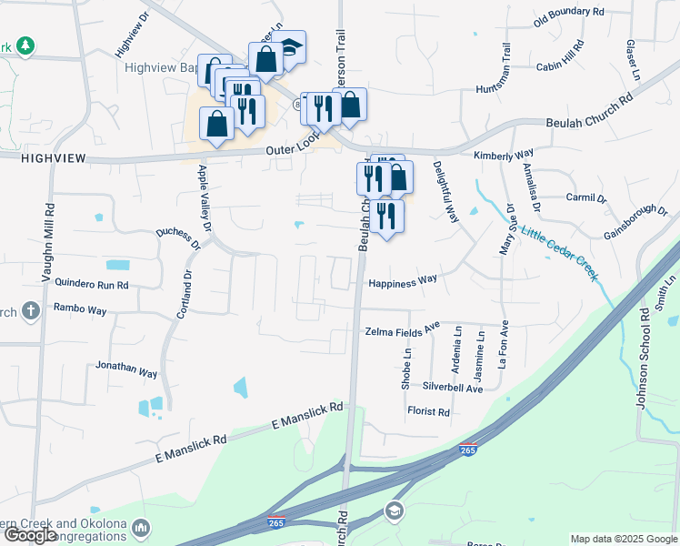 map of restaurants, bars, coffee shops, grocery stores, and more near 7600 Beulah Church Road in Louisville