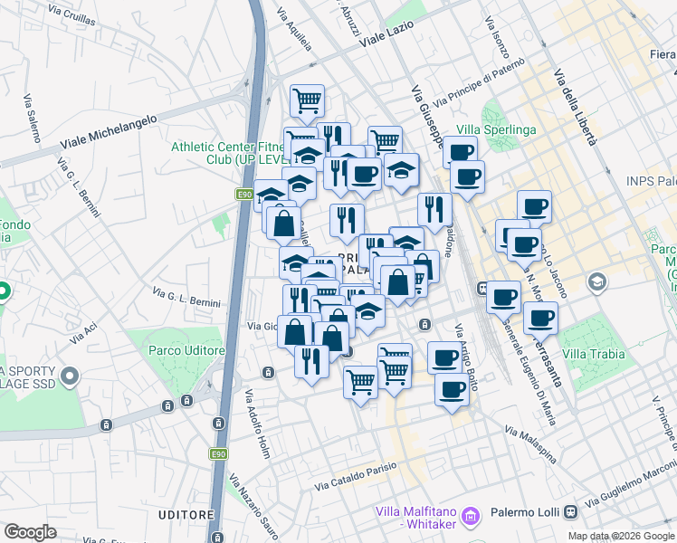 map of restaurants, bars, coffee shops, grocery stores, and more near 17 Via Borremans Guglielmo in Palermo