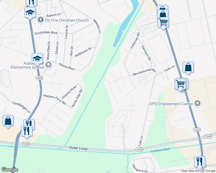 map of restaurants, bars, coffee shops, grocery stores, and more near 9402 Minute Men Court in Louisville
