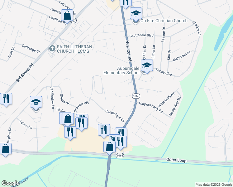 map of restaurants, bars, coffee shops, grocery stores, and more near 5806 New Cut Road in Louisville