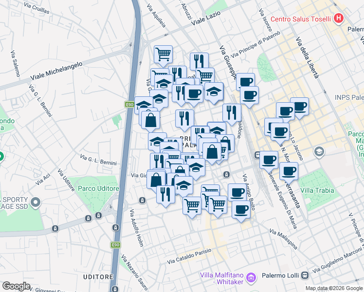 map of restaurants, bars, coffee shops, grocery stores, and more near 17 Via Borremans Guglielmo in Palermo