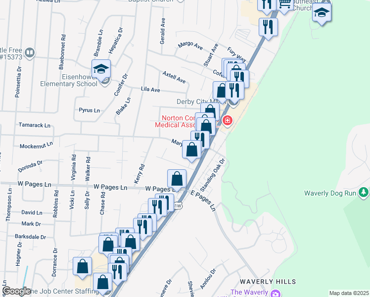 map of restaurants, bars, coffee shops, grocery stores, and more near 4848 Maryman Road in Louisville