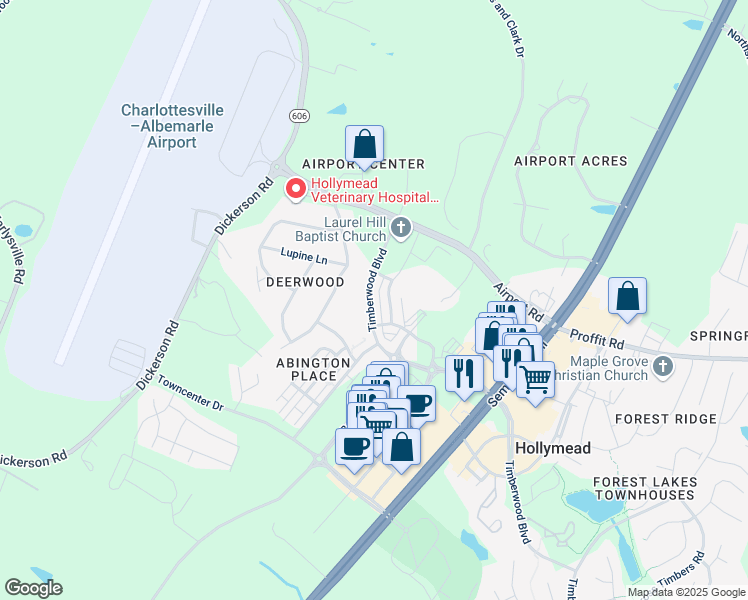 map of restaurants, bars, coffee shops, grocery stores, and more near 1374 Timberwood Boulevard in Charlottesville