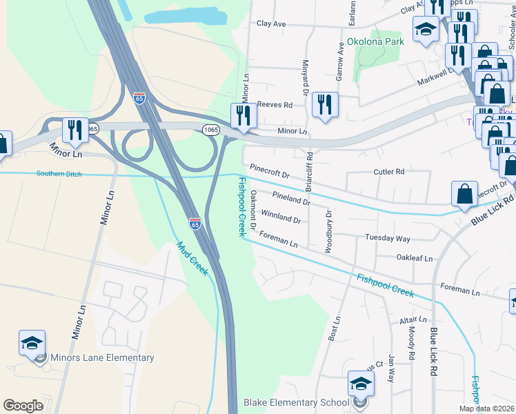 map of restaurants, bars, coffee shops, grocery stores, and more near 3401 Winnland Drive in Louisville