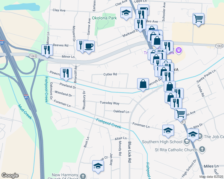 map of restaurants, bars, coffee shops, grocery stores, and more near 3810 Pinecroft Drive in Louisville