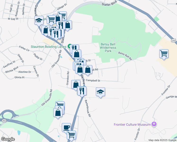 map of restaurants, bars, coffee shops, grocery stores, and more near 310A Betsy Bell Road in Staunton